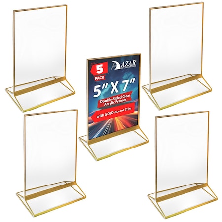 Azar Displays Gold Double-Sided Clear Acrylic Frames with Accent Trim 5 W x 7 H, 5PK 152799-GLD-5PK